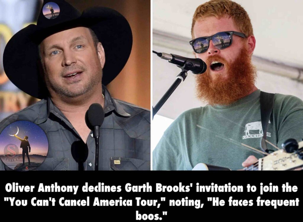 Oliver Anthony declines Garth Brooks’ invitation to join the “You Can’t Cancel America Tour,” noting, “He faces frequent boos.”